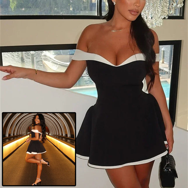 Damen Schwarz-Weiß Patchwork Sommerkleid Y2K Trend Carmen-Ausschnitt Rückenfrei Süßes Mädchen Chic Gerafftes Mini Bodycon Streetwear