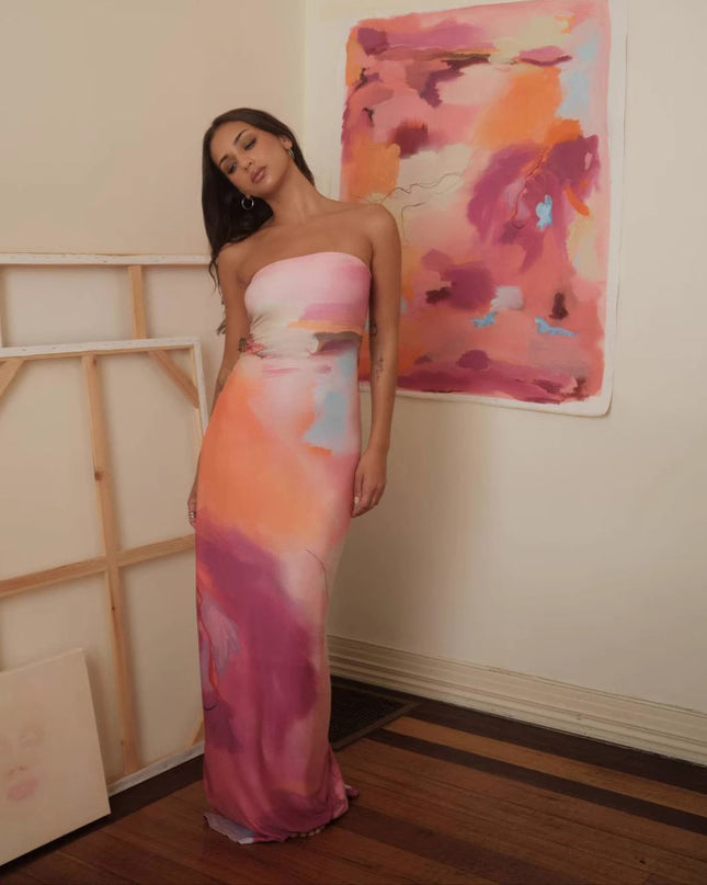 Bunt bedrucktes, sexy, trägerloses Oberteil-Kleid
