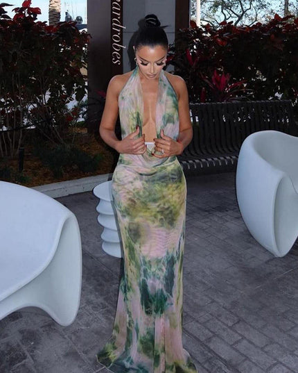 2pcs Tie Dye Printing Deep V-neck Suits Fashion Halter Backless Long Dresses For Beach Party Womens Clothing