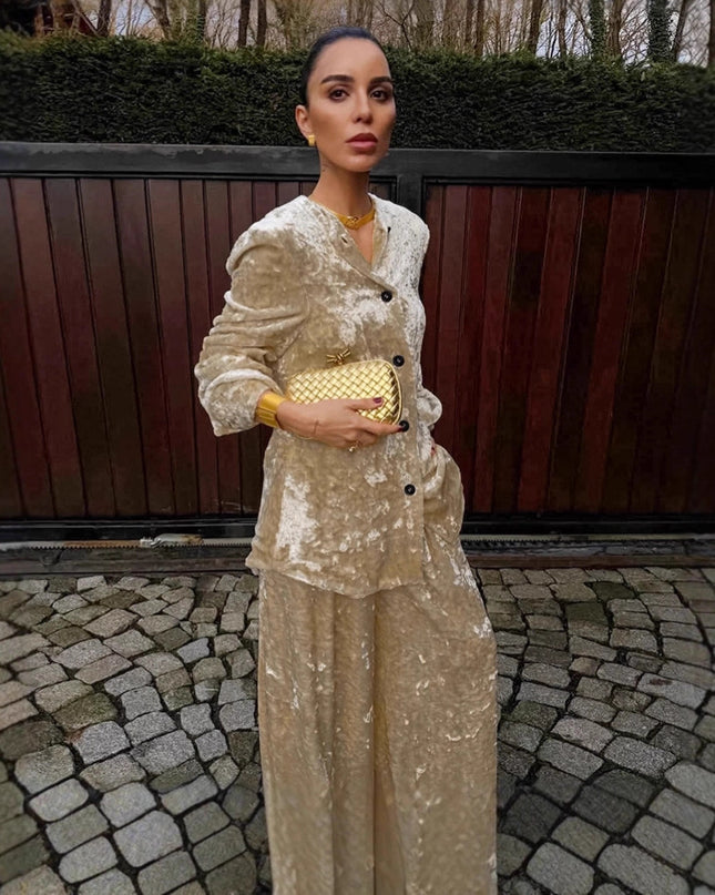 Elegant mode khaki sammet kappa tvådelat set för dam