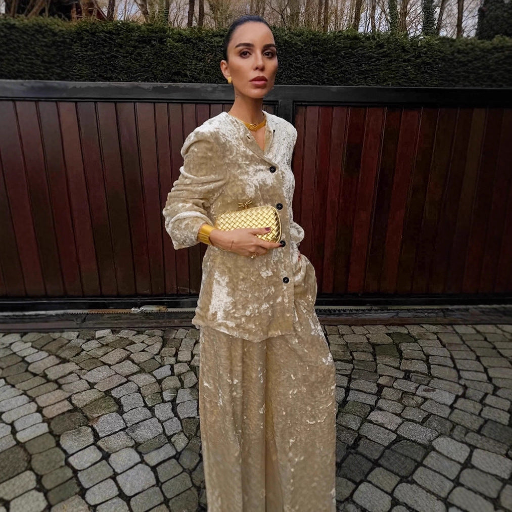 Women's Elegant Fashion Khaki Velvet Coat Two-piece Set