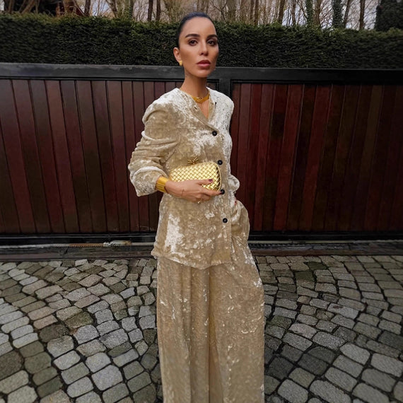 Women's Elegant Fashion Khaki Velvet Coat Two-piece Set