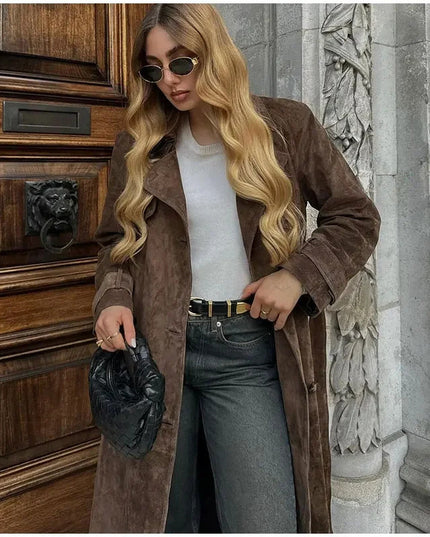 Double Breasted Lapel Shift Coat With Belt Fashion Vintage Suede Long Coat Winter Outwear Women's Clothing