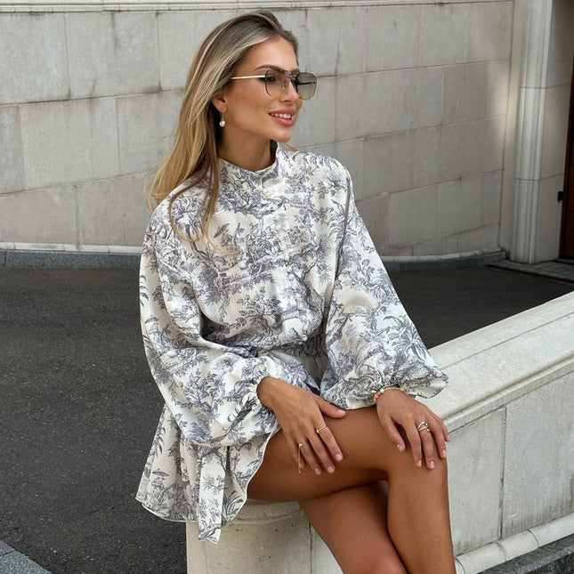 Modisches A-Linien-Kleid mit Puffärmeln und Tintendruck