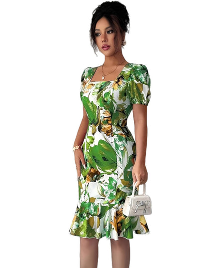 Damen Retro-Kleid mit eckigem Ausschnitt, Puffärmeln, Taillenbetonung und Rüschensaum