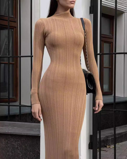 Elegant Knitted Turtleneck Striped Sweater Dress