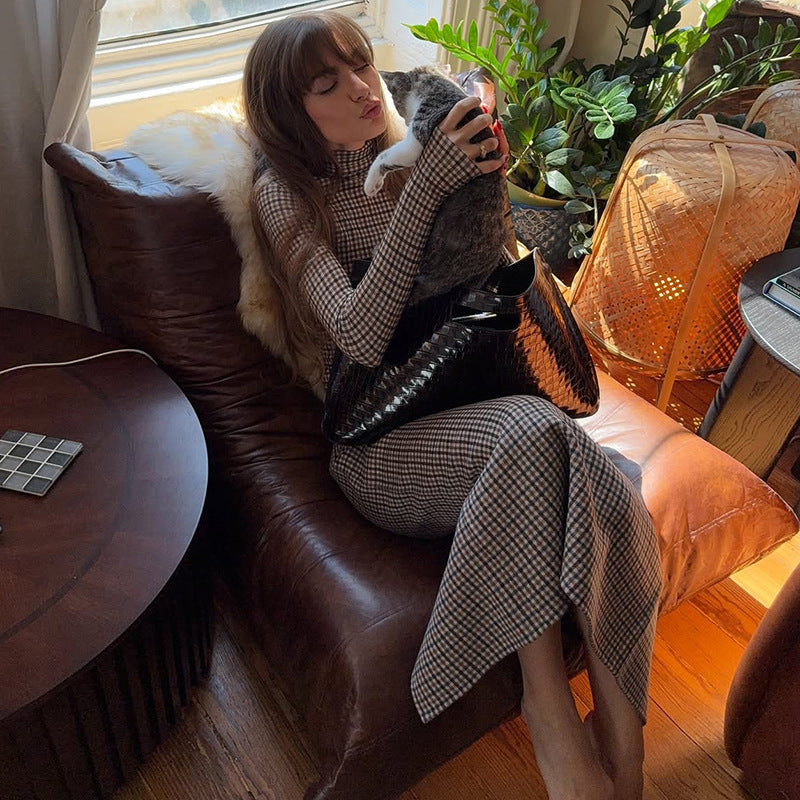 Fashion Plaid Print Long-sleeve Stand Collar Top Slim Fit Versatile Long Skirt Set