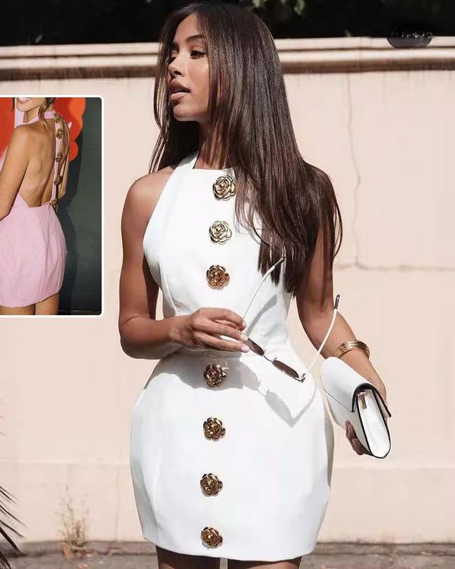 Süßes ärmelloses, rückenfreies Kleid mit Rosenknopf-Design, Sommer-Street-Fashion-Kleider, Damenbekleidung
