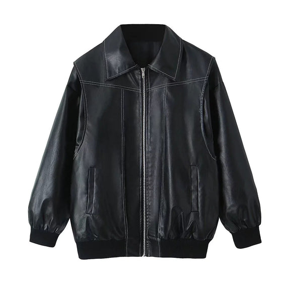 Chic Biker Zip-Up Jacket for Women - Stylish Lapel Design & Long Sleeves