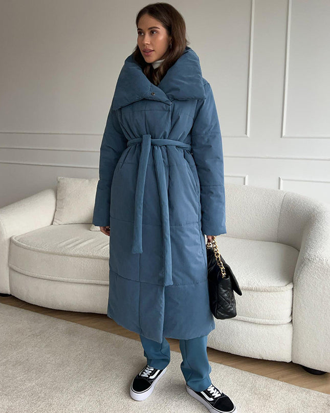 Mode Großer Revers-Langmantel Winter Warme Baumwolljacke mit Taschen und Schnürdesign Lässiger einfarbiger dicker Mantel für Damen Oberbekleidung