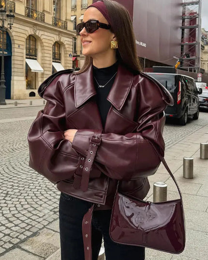Lockere Revers-Lederjacke, bauchfreies Oberteil, Streetwear für Damenbekleidung