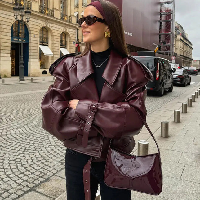 Lockere Revers-Lederjacke, bauchfreies Oberteil, Streetwear für Damenbekleidung