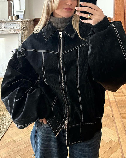 Schicke Biker-Reißverschlussjacke für Damen – Stilvolles Reversdesign & Lange Ärmel