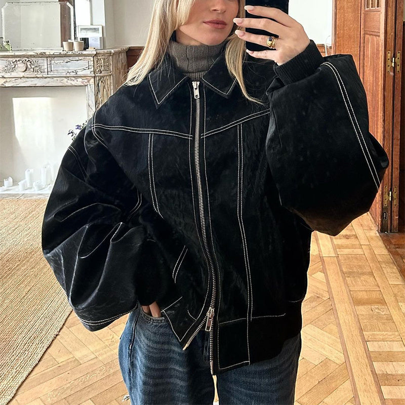 Chic Biker Zip-Up Jacket for Women - Stylish Lapel Design & Long Sleeves