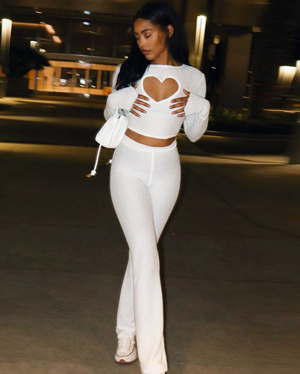 White Hollow Long Sleeve T-shirt & High Waist Pants Set