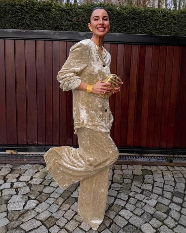 Elegant mode khaki sammet kappa tvådelat set för dam