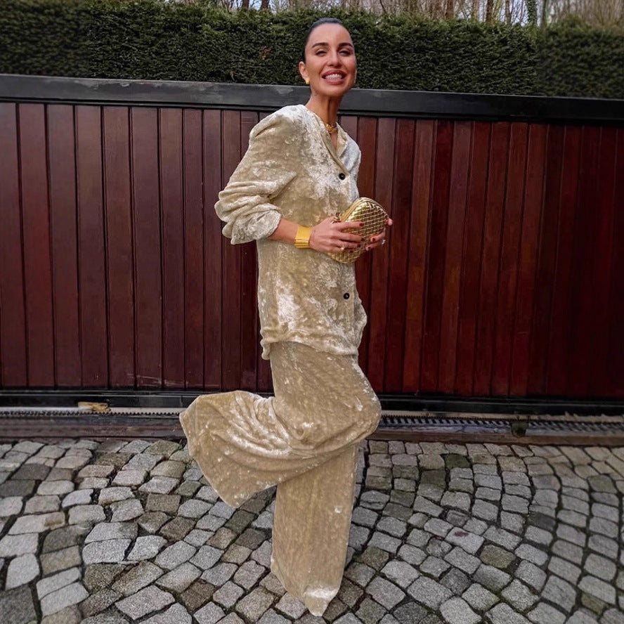 Women's Elegant Fashion Khaki Velvet Coat Two-piece Set