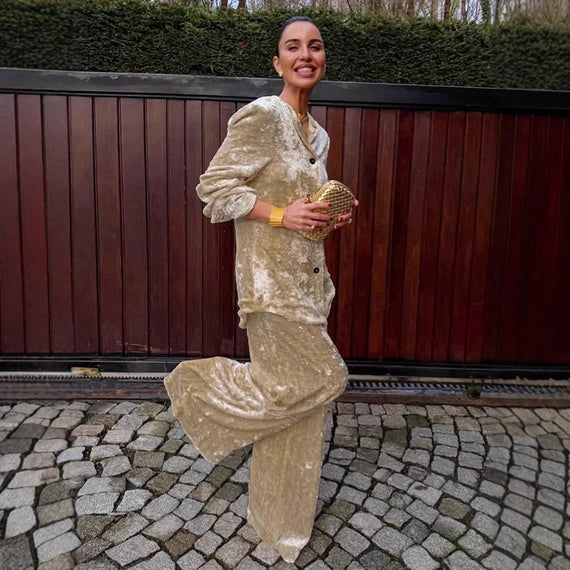 Women's Elegant Fashion Khaki Velvet Coat Two-piece Set