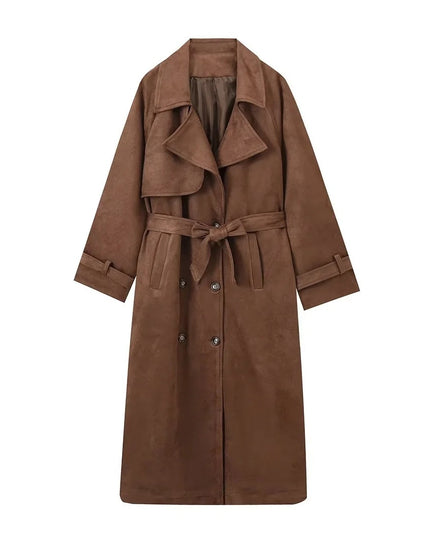 Double Breasted Lapel Shift Coat With Belt Fashion Vintage Suede Long Coat Winter Outwear Women's Clothing