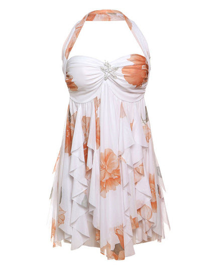 Ins Neckholder Rückenfreies Kleid Sommer Sexy Bedruckte Unregelmäßige Mesh Kurze Kleider Für Abend Party Club Damenbekleidung