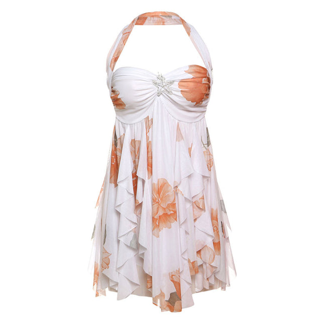 Ins Neckholder Rückenfreies Kleid Sommer Sexy Bedruckte Unregelmäßige Mesh Kurze Kleider Für Abend Party Club Damenbekleidung