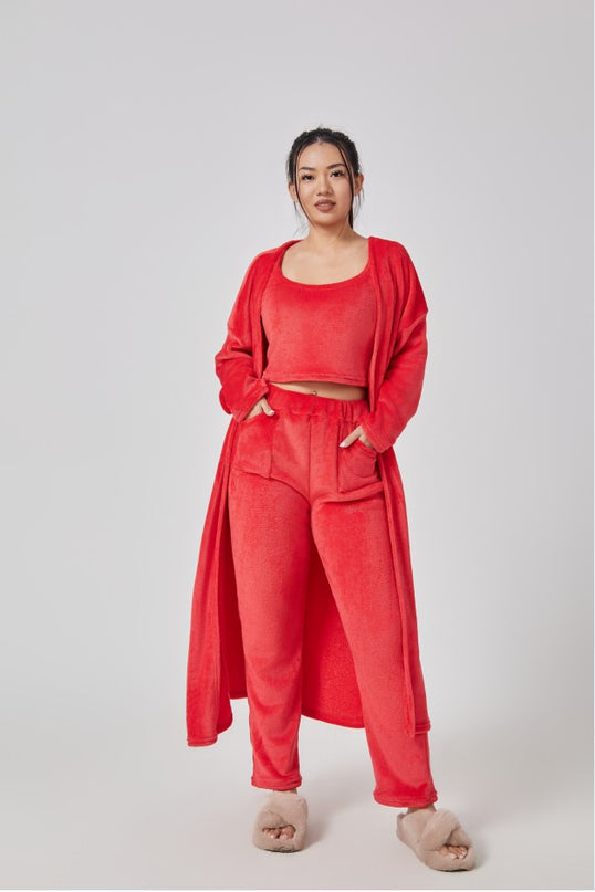 Mysigt pyjamas-set, loungewear-set i 3 delar, gulliga myskläder, varma kostymset, matchande set, lounge-set, byxset i 3 delar, vinterklänning för kvinnor