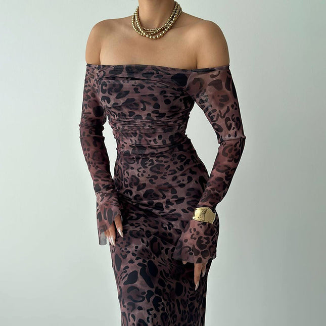 Leopardenmuster Geblümt Carmen-Kleid mit Glockenärmeln Damenmode