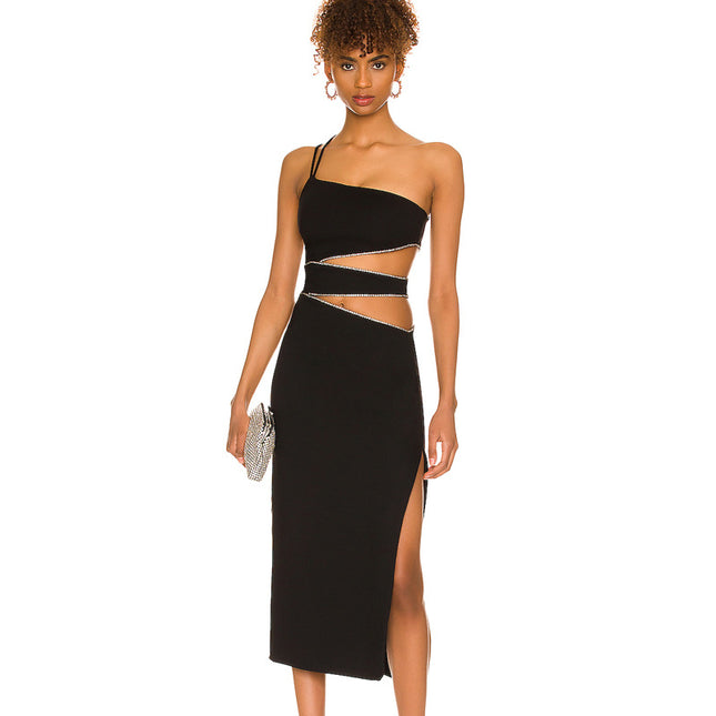 Damen Schwarzes Wickelkleid mit Strass-Einlage