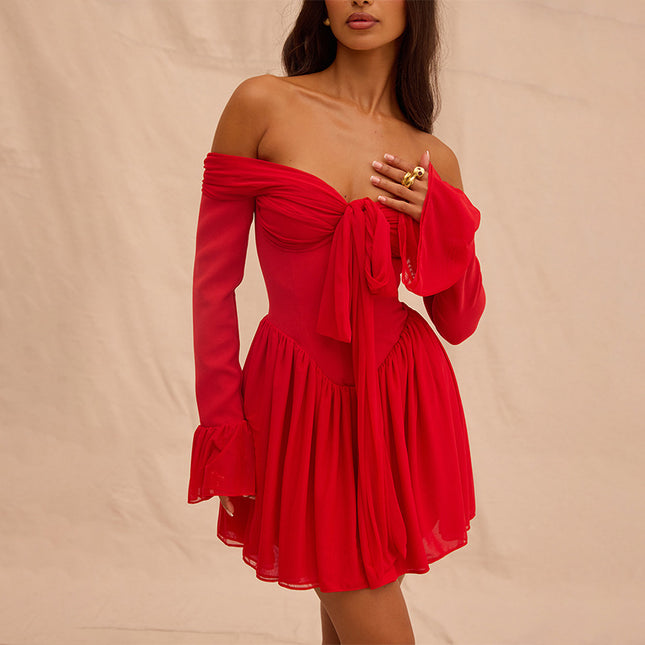 Damenmode Colorblock schulterfreies Kleid mit ausgestelltem Ärmel an der Taille