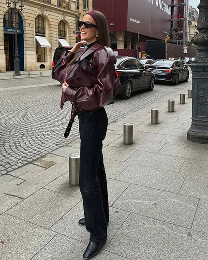 Lockere Revers-Lederjacke, bauchfreies Oberteil, Streetwear für Damenbekleidung