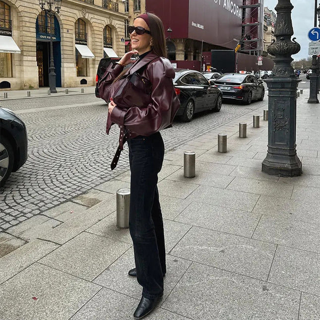 Lockere Revers-Lederjacke, bauchfreies Oberteil, Streetwear für Damenbekleidung
