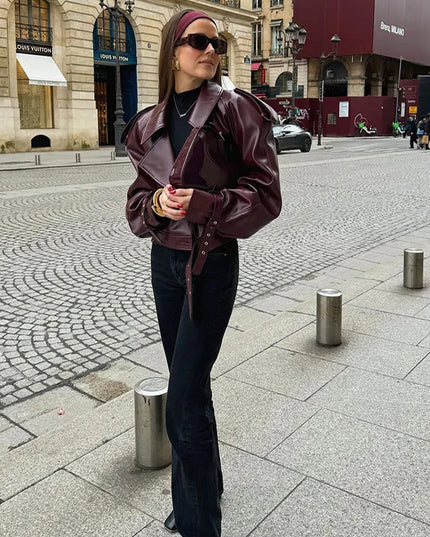 Lockere Revers-Lederjacke, bauchfreies Oberteil, Streetwear für Damenbekleidung