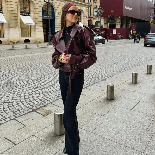 Lockere Revers-Lederjacke, bauchfreies Oberteil, Streetwear für Damenbekleidung