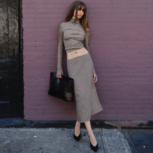 Fashion Plaid Print Long-sleeve Stand Collar Top Slim Fit Versatile Long Skirt Set