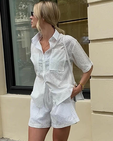 Women's Lace Lapel Shirt - Short Sleeve Fashion