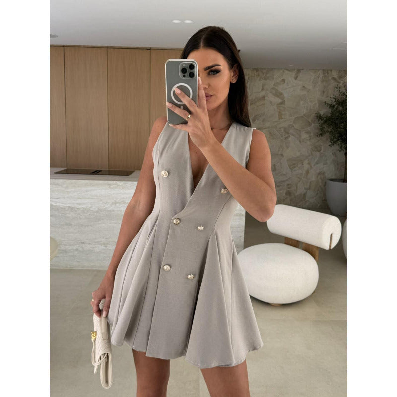 Women's Pure Color All-matching Sleeveless Double Breasted Dress