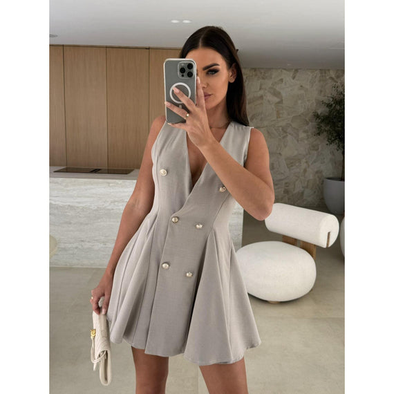 Women's Pure Color All-matching Sleeveless Double Breasted Dress