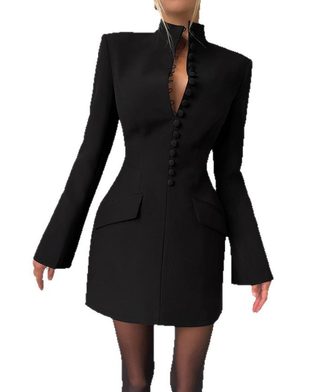 Damen sexy schmale Taille Langarm Stehkragenkleid