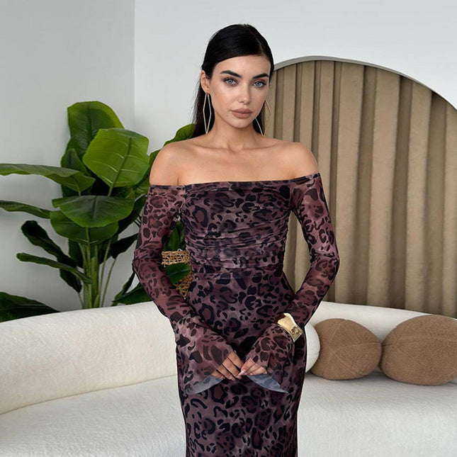Leopardenmuster Geblümt Carmen-Kleid mit Glockenärmeln Damenmode