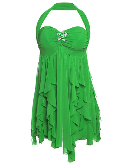 Ins Neckholder Rückenfreies Kleid Sommer Sexy Bedruckte Unregelmäßige Mesh Kurze Kleider Für Abend Party Club Damenbekleidung
