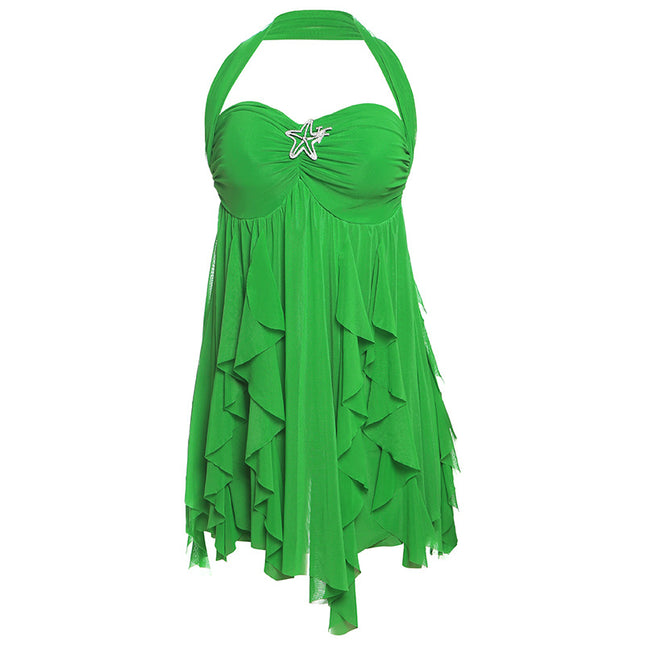 Ins Neckholder Rückenfreies Kleid Sommer Sexy Bedruckte Unregelmäßige Mesh Kurze Kleider Für Abend Party Club Damenbekleidung