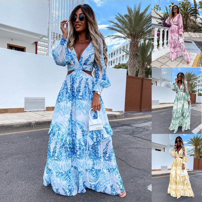 Elegantes Damenkleid mit Hohlsaum, V-Ausschnitt, Langarm, Pflanzenmuster, Maxikleid, Frühling, Sommer, bedrucktes V-Ausschnitt-Langarmkleid