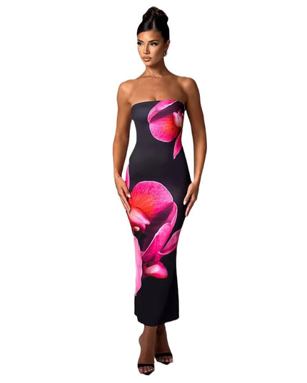 Printed Intellectual Temperament Drape Long Tube Top Sheath Dress
