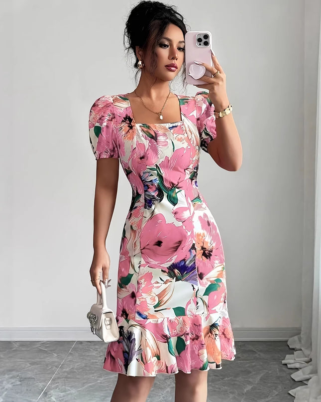 Damen Retro-Kleid mit eckigem Ausschnitt, Puffärmeln, Taillenbetonung und Rüschensaum