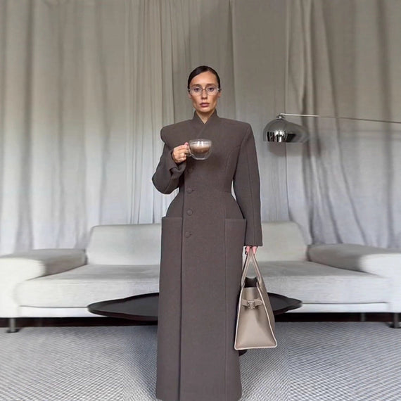 Temperament Shoulder-padded Waist-cinching Long Wool Coat For Women