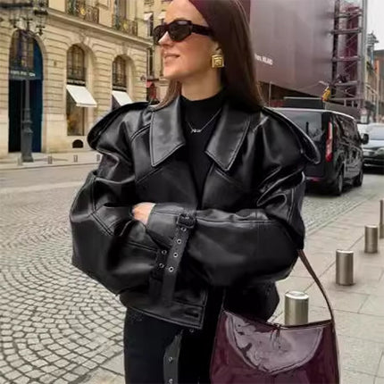 Lockere Revers-Lederjacke, bauchfreies Oberteil, Streetwear für Damenbekleidung