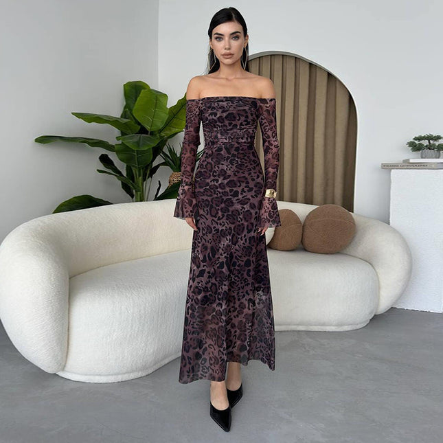 Leopardenmuster Geblümt Carmen-Kleid mit Glockenärmeln Damenmode