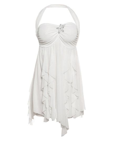 Ins Neckholder Rückenfreies Kleid Sommer Sexy Bedruckte Unregelmäßige Mesh Kurze Kleider Für Abend Party Club Damenbekleidung