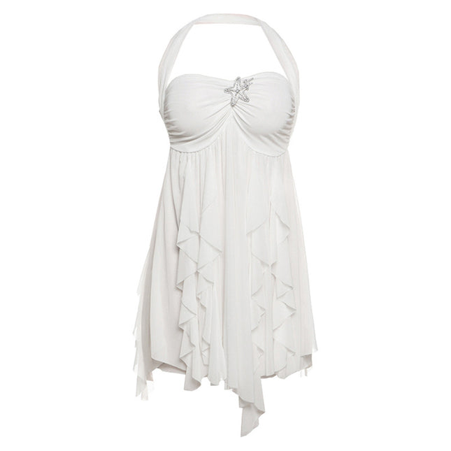 Ins Neckholder Rückenfreies Kleid Sommer Sexy Bedruckte Unregelmäßige Mesh Kurze Kleider Für Abend Party Club Damenbekleidung