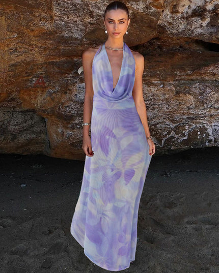 2pcs Tie Dye Printing Deep V-neck Suits Fashion Halter Backless Long Dresses For Beach Party Womens Clothing